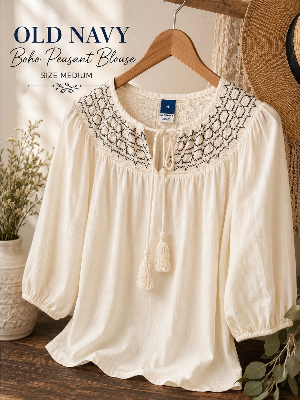 Old Navy Ivory Black Embroidered Boho Peasant Blouse Medium - Picture 3 of 10